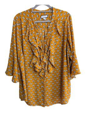 Charter Club Woman Mustard Yellow Floral Bell Sleeve Ruffle Front Blouse 2X